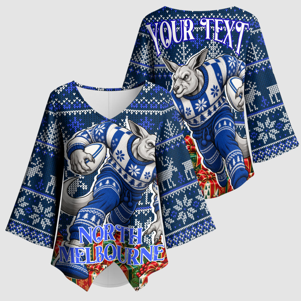 Personalized North Melbourne Football Christmas Kimono Sleeve Blouse Australian Football Mascot - Ugly Xmas Pattern Festive