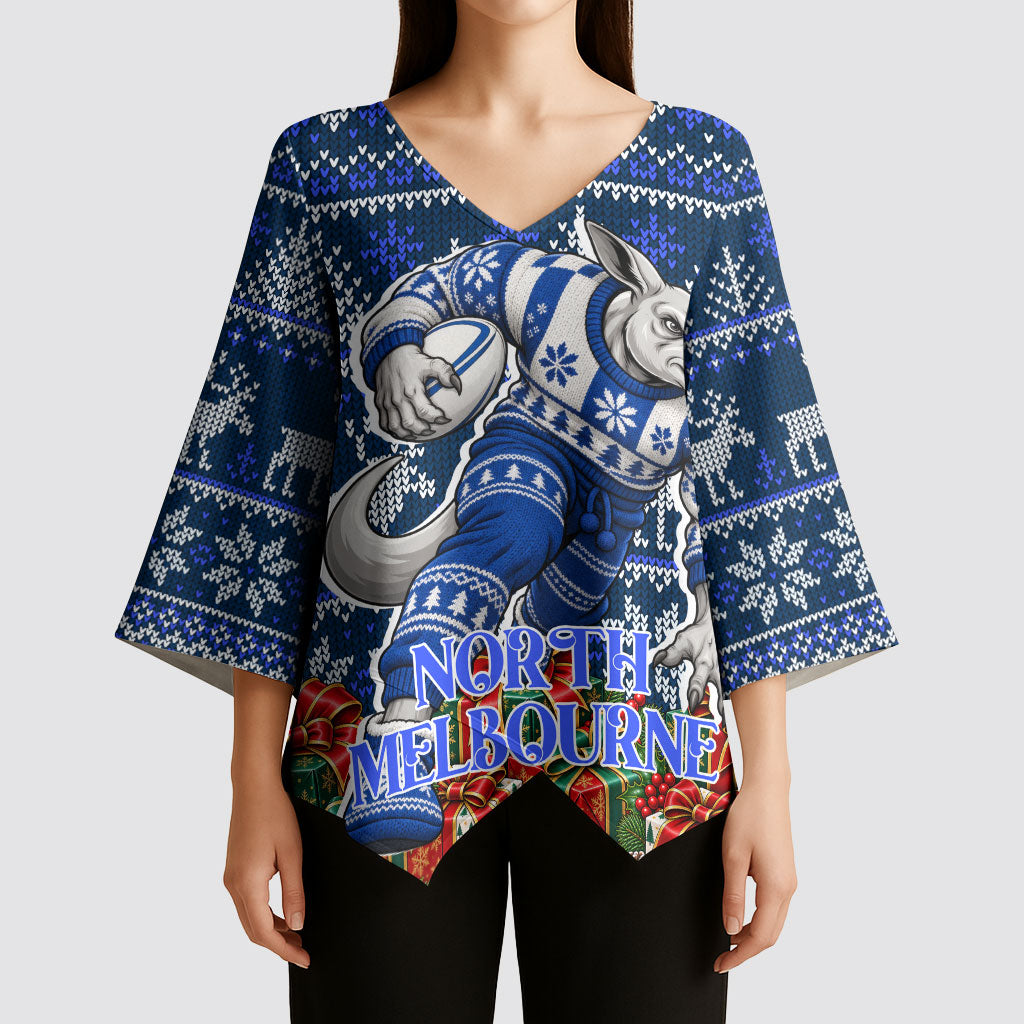 Personalized North Melbourne Football Christmas Kimono Sleeve Blouse Australian Football Mascot - Ugly Xmas Pattern Festive