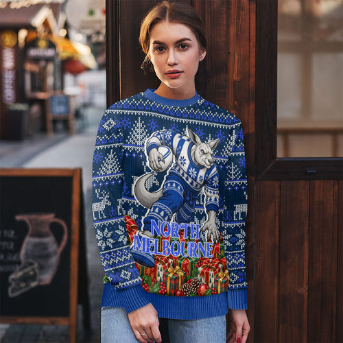 Personalized North Melbourne Football Christmas Ugly Christmas Sweater Australian Football Mascot - Ugly Xmas Pattern Festive