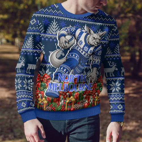 Personalized North Melbourne Football Christmas Ugly Christmas Sweater Australian Football Mascot - Ugly Xmas Pattern Festive