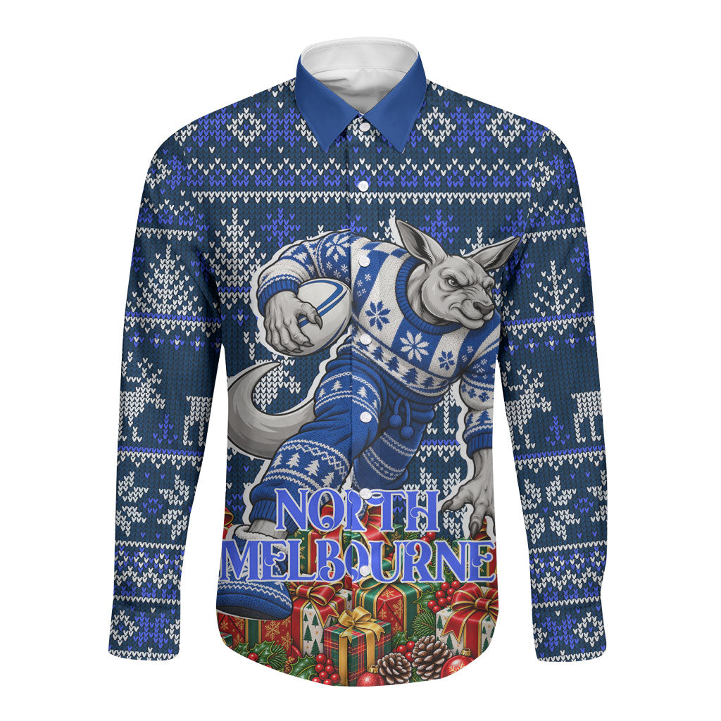 Personalized North Melbourne Football Christmas Long Sleeve Button Shirt Australian Football Mascot - Ugly Xmas Pattern Festive
