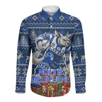 Personalized North Melbourne Football Christmas Long Sleeve Button Shirt Australian Football Mascot - Ugly Xmas Pattern Festive