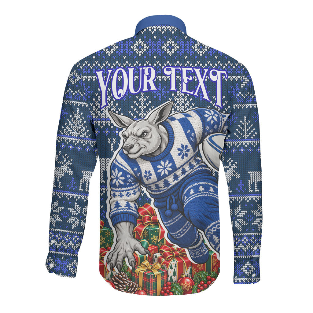 Personalized North Melbourne Football Christmas Long Sleeve Button Shirt Australian Football Mascot - Ugly Xmas Pattern Festive