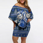 Personalized North Melbourne Football Christmas Off Shoulder Short Dress Australian Football Mascot - Ugly Xmas Pattern Festive