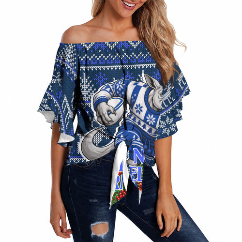 Personalized North Melbourne Football Christmas Off Shoulder Wrap Waist Top Australian Football Mascot - Ugly Xmas Pattern Festive