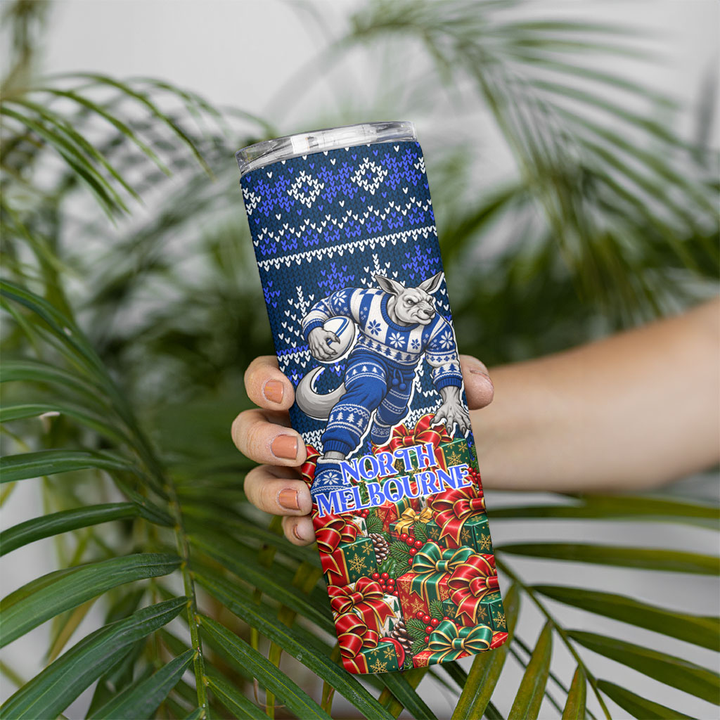 Personalized North Melbourne Football Christmas Skinny Tumbler Australian Football Mascot - Ugly Xmas Pattern Festive