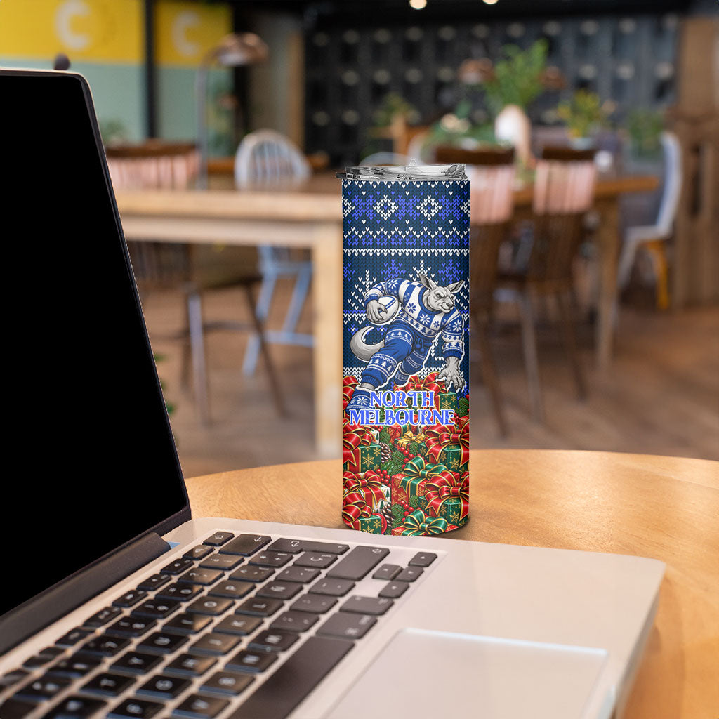 Personalized North Melbourne Football Christmas Skinny Tumbler Australian Football Mascot - Ugly Xmas Pattern Festive