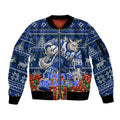 Personalized North Melbourne Football Christmas Sleeve Zip Bomber Jacket Australian Football Mascot - Ugly Xmas Pattern Festive