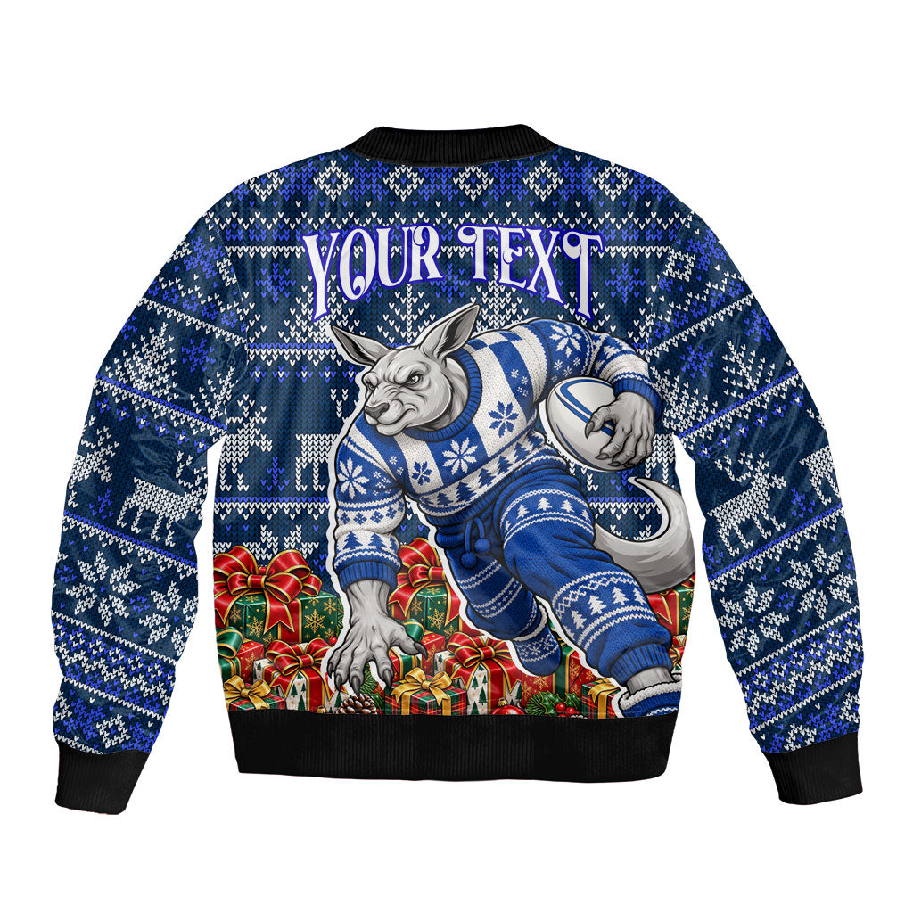 Personalized North Melbourne Football Christmas Sleeve Zip Bomber Jacket Australian Football Mascot - Ugly Xmas Pattern Festive