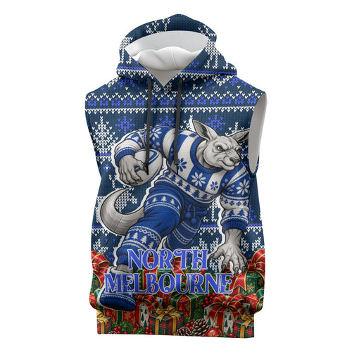 Personalized North Melbourne Football Christmas Sleeveless Hoodie Australian Football Mascot - Ugly Xmas Pattern Festive