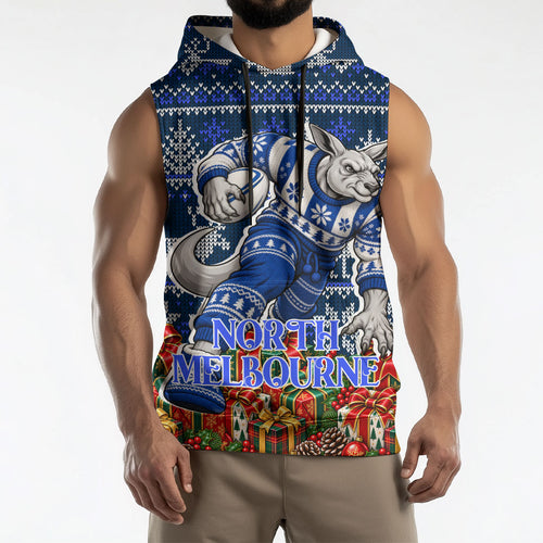 Personalized North Melbourne Football Christmas Sleeveless Hoodie Australian Football Mascot - Ugly Xmas Pattern Festive