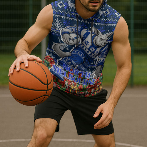 Personalized North Melbourne Football Christmas Sleeveless Hoodie Australian Football Mascot - Ugly Xmas Pattern Festive
