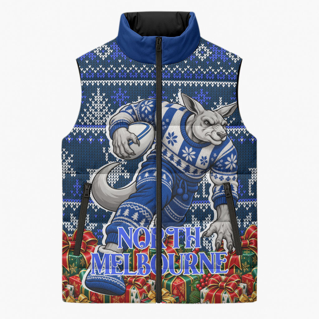 Personalized North Melbourne Football Christmas Sleeveless Puffer Jacket Australian Football Mascot - Ugly Xmas Pattern Festive