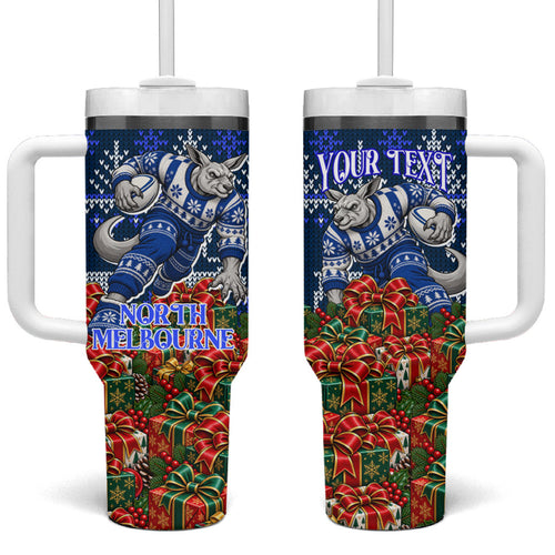 Personalized North Melbourne Football Christmas Tumbler With Handle Australian Football Mascot - Ugly Xmas Pattern Festive