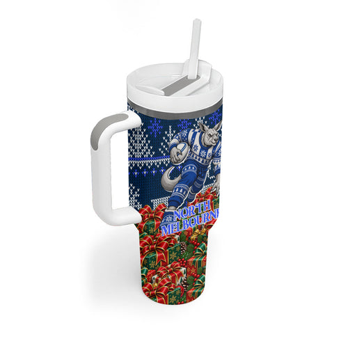 Personalized North Melbourne Football Christmas Tumbler With Handle Australian Football Mascot - Ugly Xmas Pattern Festive