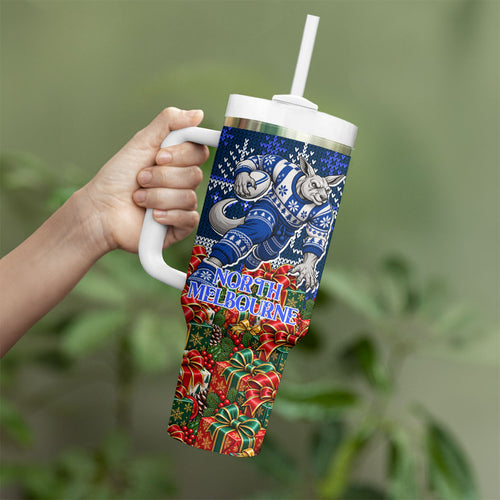 Personalized North Melbourne Football Christmas Tumbler With Handle Australian Football Mascot - Ugly Xmas Pattern Festive