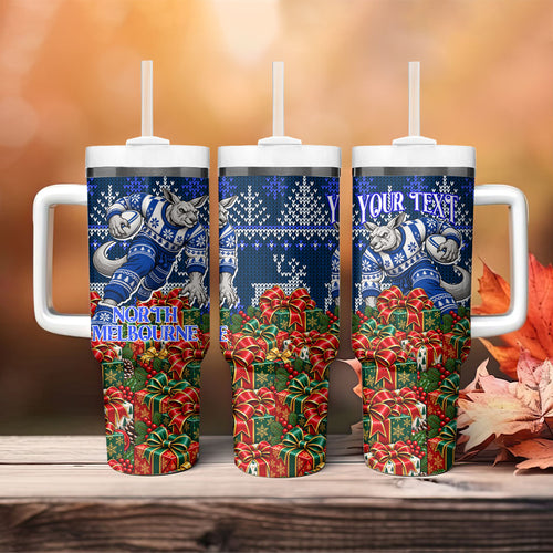 Personalized North Melbourne Football Christmas Tumbler With Handle Australian Football Mascot - Ugly Xmas Pattern Festive