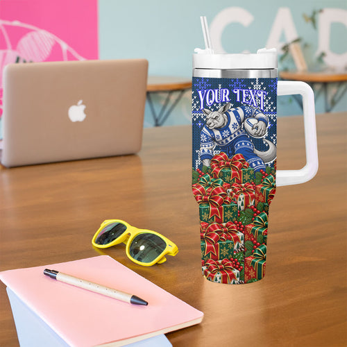 Personalized North Melbourne Football Christmas Tumbler With Handle Australian Football Mascot - Ugly Xmas Pattern Festive
