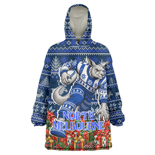 Personalized North Melbourne Football Christmas Wearable Blanket Hoodie Australian Football Mascot - Ugly Xmas Pattern Festive