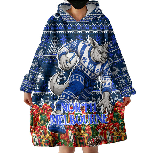 Personalized North Melbourne Football Christmas Wearable Blanket Hoodie Australian Football Mascot - Ugly Xmas Pattern Festive