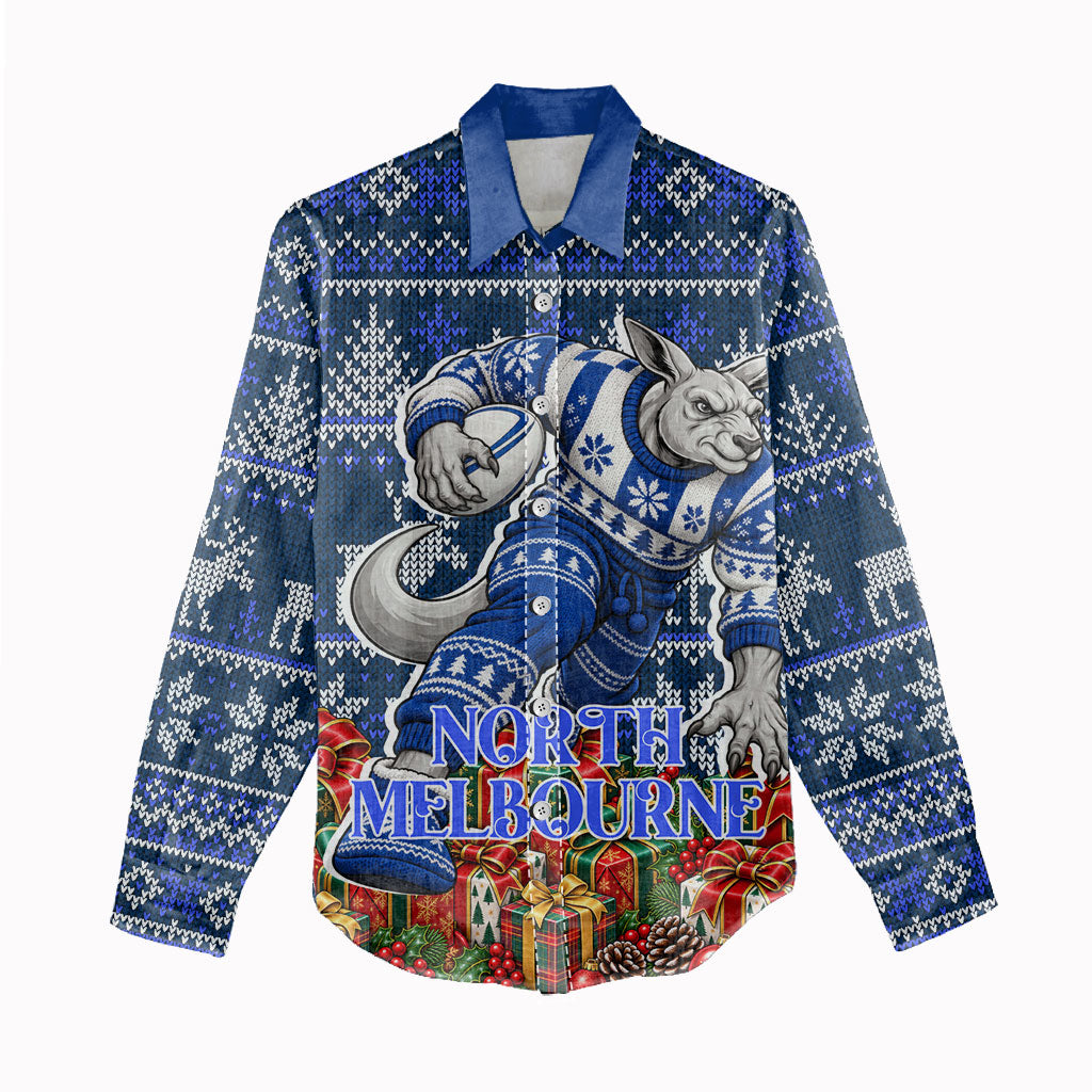 Personalized North Melbourne Football Christmas Women Casual Shirt Australian Football Mascot - Ugly Xmas Pattern Festive