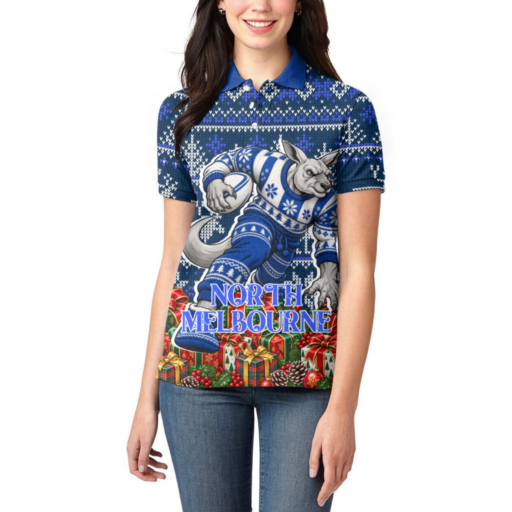 Personalized North Melbourne Football Christmas Women Polo Shirt Australian Football Mascot - Ugly Xmas Pattern Festive