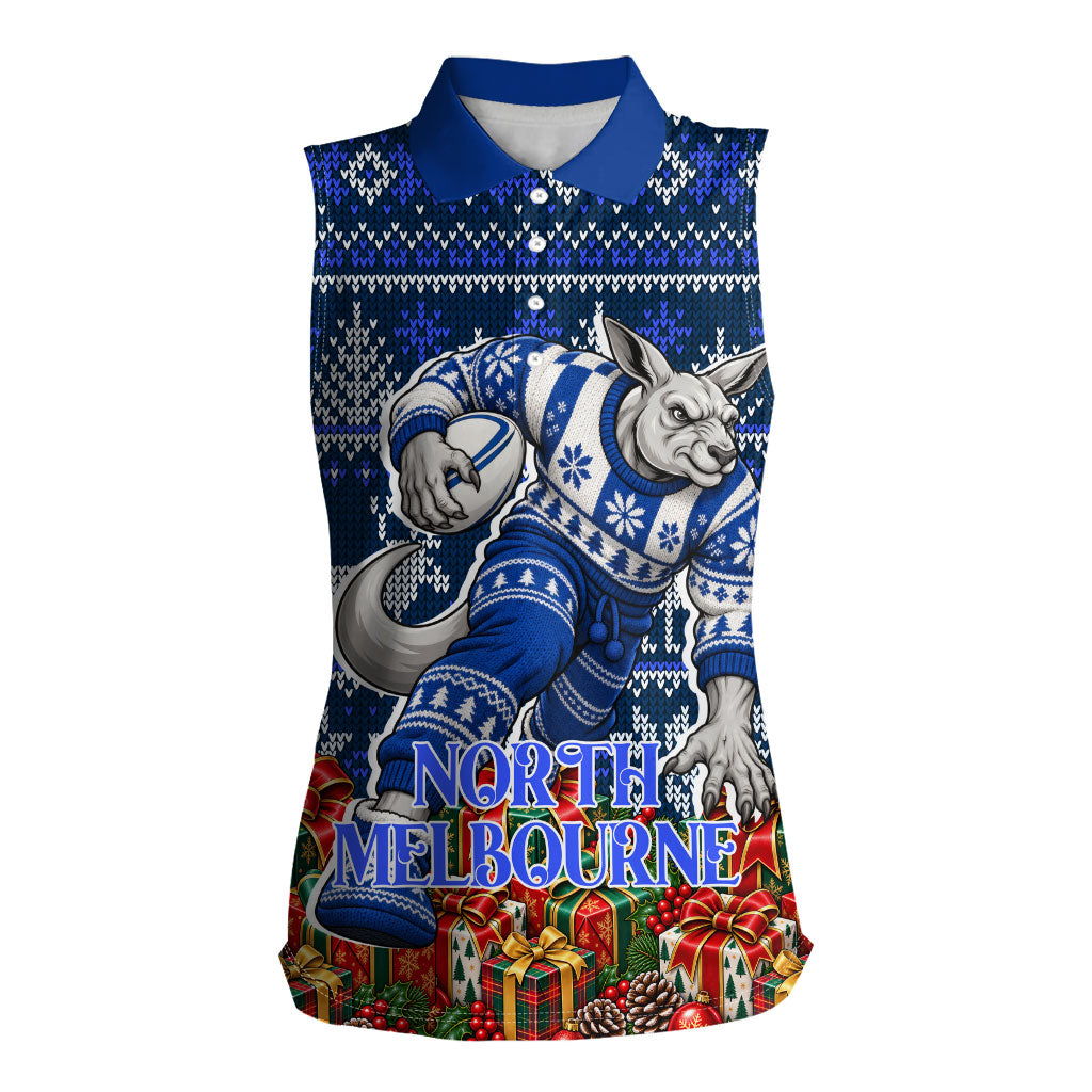 Personalized North Melbourne Football Christmas Women Sleeveless Polo Shirt Australian Football Mascot - Ugly Xmas Pattern Festive