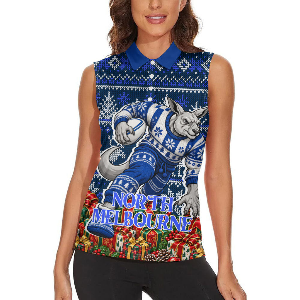 Personalized North Melbourne Football Christmas Women Sleeveless Polo Shirt Australian Football Mascot - Ugly Xmas Pattern Festive