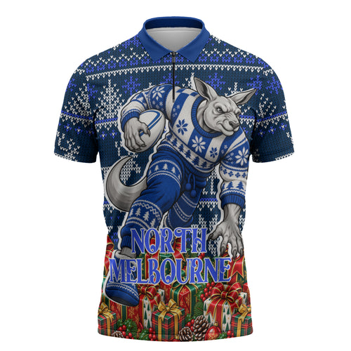 Personalized North Melbourne Football Christmas Zipper Polo Shirt Australian Football Mascot - Ugly Xmas Pattern Festive