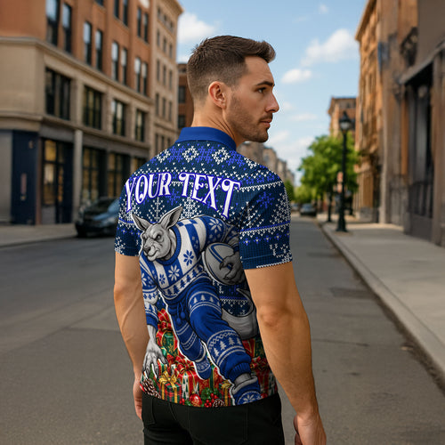 Personalized North Melbourne Football Christmas Zipper Polo Shirt Australian Football Mascot - Ugly Xmas Pattern Festive