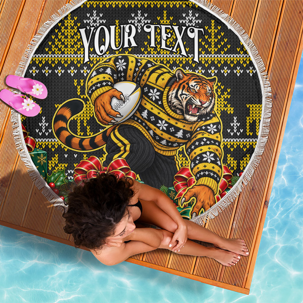 Personalized Richmond Tigers Football Christmas Beach Blanket Australian Football Mascot - Ugly Xmas Pattern Festive