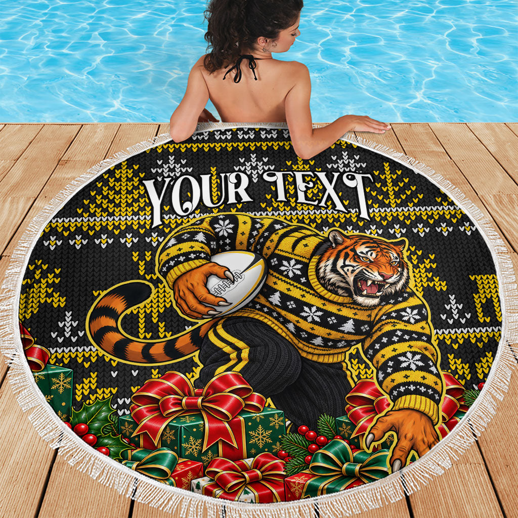 Personalized Richmond Tigers Football Christmas Beach Blanket Australian Football Mascot - Ugly Xmas Pattern Festive