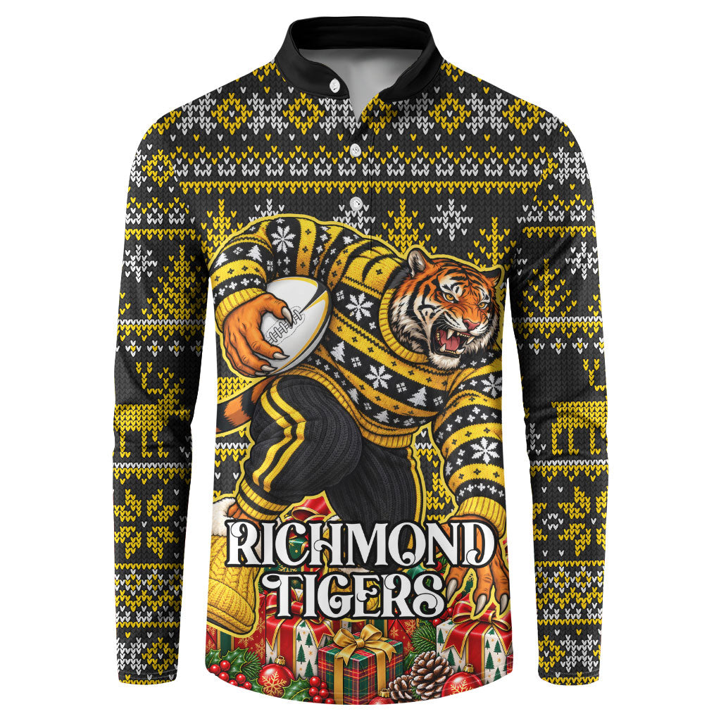 Personalized Richmond Tigers Football Christmas Button Sweatshirt Australian Football Mascot - Ugly Xmas Pattern Festive