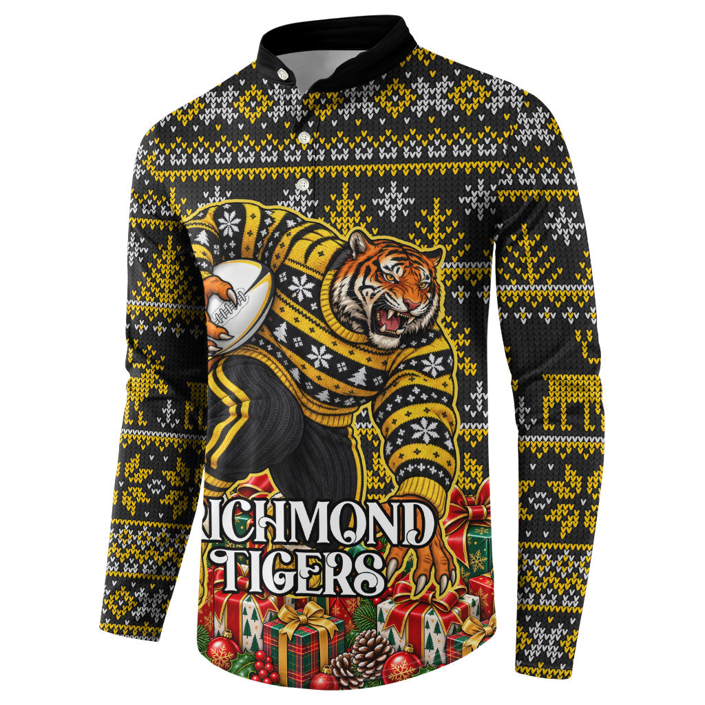 Personalized Richmond Tigers Football Christmas Button Sweatshirt Australian Football Mascot - Ugly Xmas Pattern Festive
