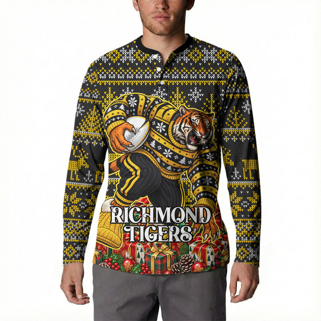Personalized Richmond Tigers Football Christmas Button Sweatshirt Australian Football Mascot - Ugly Xmas Pattern Festive