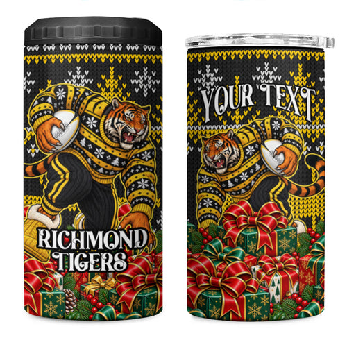Personalized Richmond Tigers Football Christmas 4 in 1 Can Cooler Tumbler Australian Football Mascot - Ugly Xmas Pattern Festive