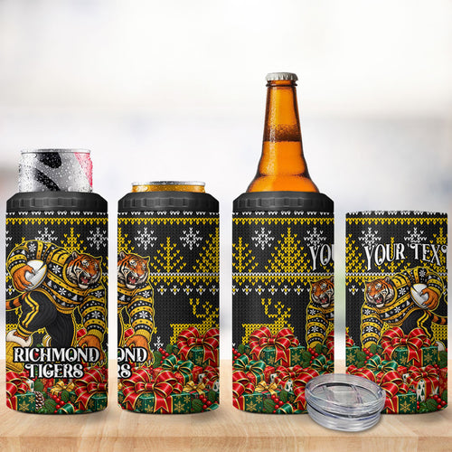 Personalized Richmond Tigers Football Christmas 4 in 1 Can Cooler Tumbler Australian Football Mascot - Ugly Xmas Pattern Festive