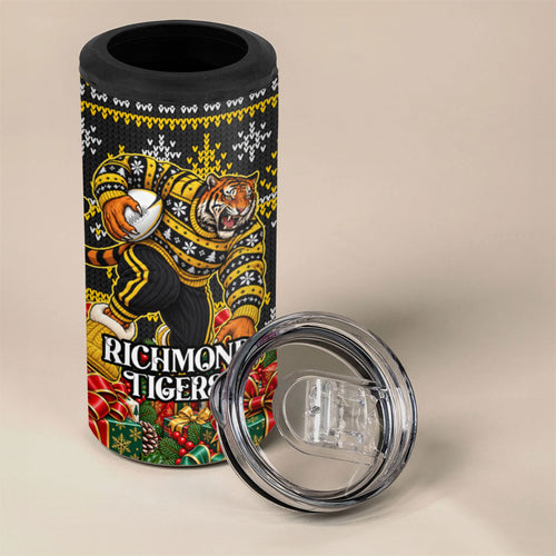 Personalized Richmond Tigers Football Christmas 4 in 1 Can Cooler Tumbler Australian Football Mascot - Ugly Xmas Pattern Festive