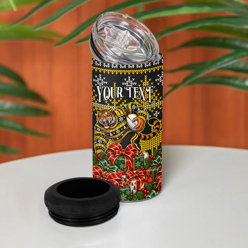 Personalized Richmond Tigers Football Christmas 4 in 1 Can Cooler Tumbler Australian Football Mascot - Ugly Xmas Pattern Festive