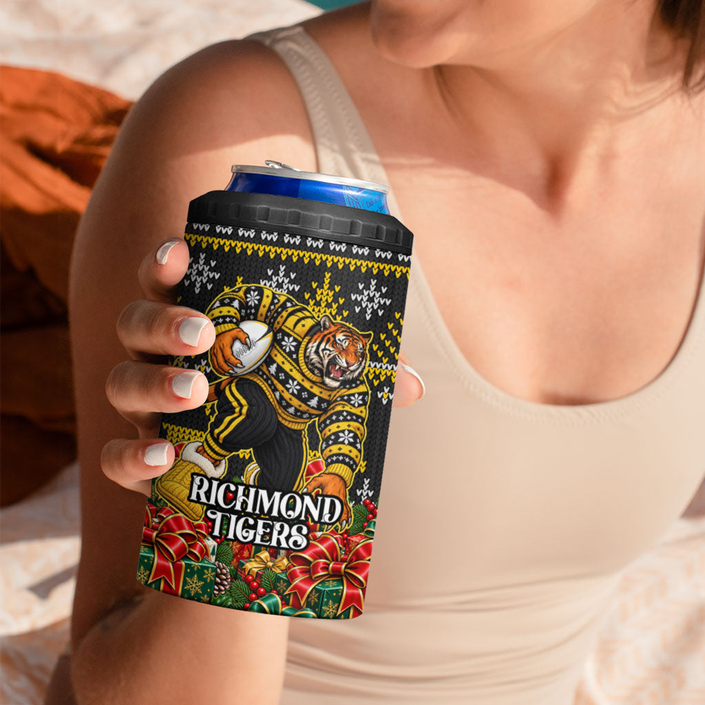 Personalized Richmond Tigers Football Christmas 4 in 1 Can Cooler Tumbler Australian Football Mascot - Ugly Xmas Pattern Festive