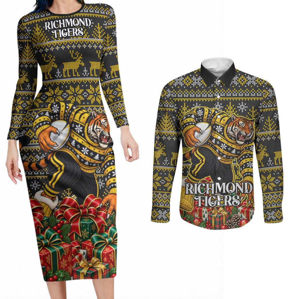 Personalized Richmond Tigers Football Christmas Couples Matching Long Sleeve Bodycon Dress and Long Sleeve Button Shirt Australian Football Mascot - Ugly Xmas Pattern Festive