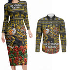 Personalized Richmond Tigers Football Christmas Couples Matching Long Sleeve Bodycon Dress and Long Sleeve Button Shirt Australian Football Mascot - Ugly Xmas Pattern Festive