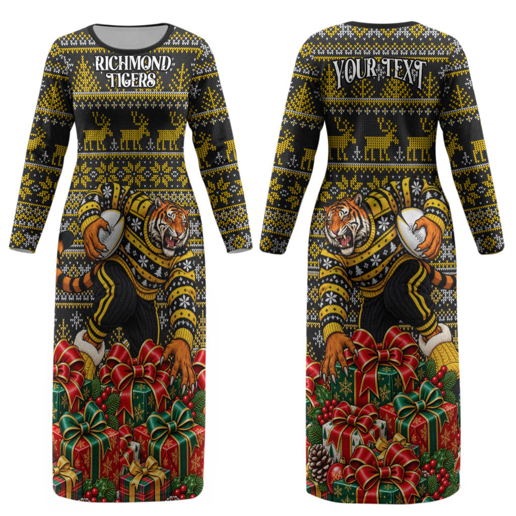 Personalized Richmond Tigers Football Christmas Couples Matching Long Sleeve Bodycon Dress and Long Sleeve Button Shirt Australian Football Mascot - Ugly Xmas Pattern Festive