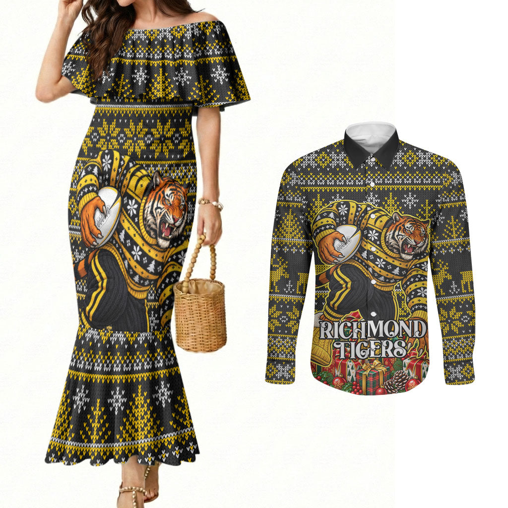 Personalized Richmond Tigers Football Christmas Couples Matching Mermaid Dress and Long Sleeve Button Shirt Australian Football Mascot - Ugly Xmas Pattern Festive
