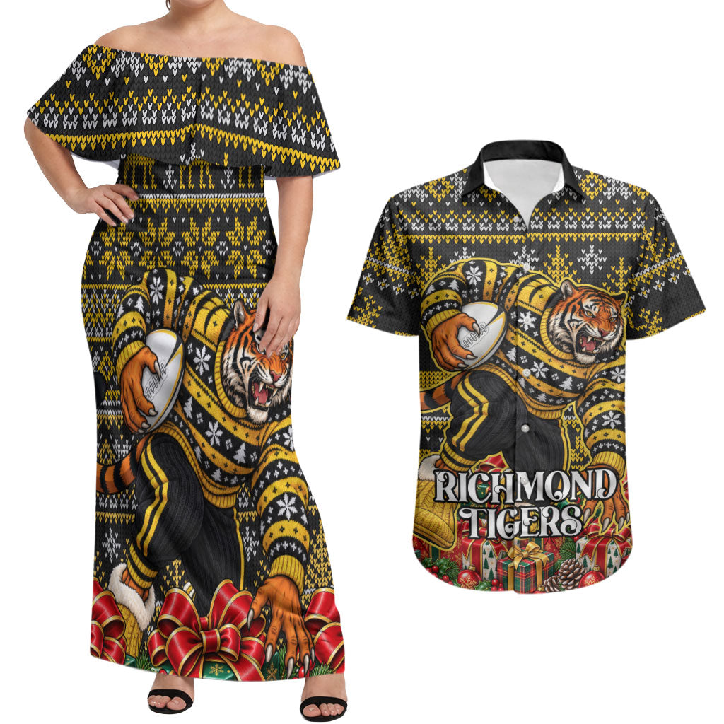 Personalized Richmond Tigers Football Christmas Couples Matching Off Shoulder Maxi Dress and Hawaiian Shirt Australian Football Mascot - Ugly Xmas Pattern Festive