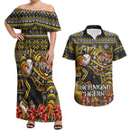 Personalized Richmond Tigers Football Christmas Couples Matching Off Shoulder Maxi Dress and Hawaiian Shirt Australian Football Mascot - Ugly Xmas Pattern Festive
