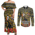 Personalized Richmond Tigers Football Christmas Couples Matching Off Shoulder Maxi Dress and Long Sleeve Button Shirt Australian Football Mascot - Ugly Xmas Pattern Festive