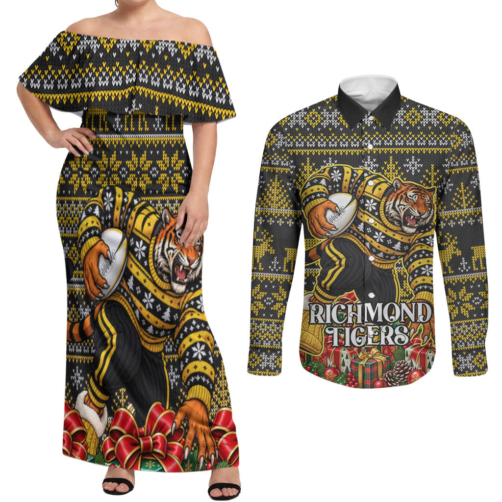 Personalized Richmond Tigers Football Christmas Couples Matching Off Shoulder Maxi Dress and Long Sleeve Button Shirt Australian Football Mascot - Ugly Xmas Pattern Festive