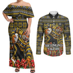 Personalized Richmond Tigers Football Christmas Couples Matching Off Shoulder Maxi Dress and Long Sleeve Button Shirt Australian Football Mascot - Ugly Xmas Pattern Festive