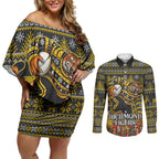 Personalized Richmond Tigers Football Christmas Couples Matching Off Shoulder Short Dress and Long Sleeve Button Shirt Australian Football Mascot - Ugly Xmas Pattern Festive